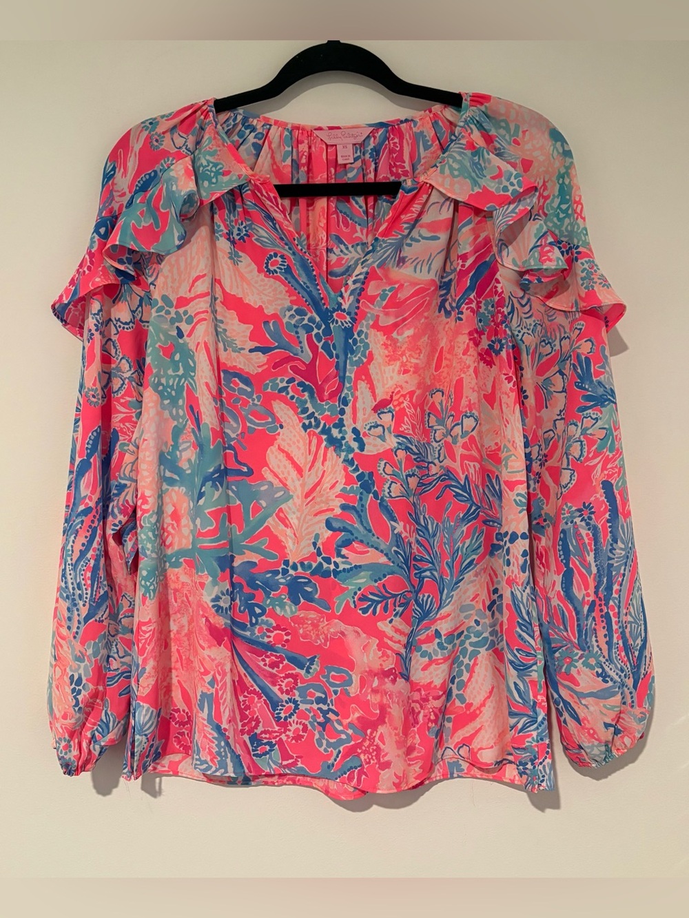 Lilly Pulitzer Elora Ruffle Long Sleeve Top Aquadesiac Pink Blouse - Size XS